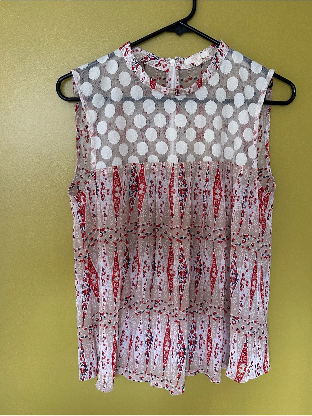 Tulle Sleeveless White and Red Printed Sheer Blouse medium